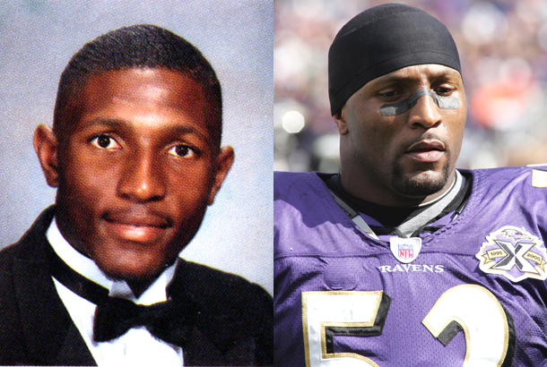 Ray Lewis as a Senior at Kathleen High School in Lakeland, FL in 1993 and - Ray-Lewis-football-player-senior-yearbook-high-school-headshot-color-photo-nfl-now-SPLIT