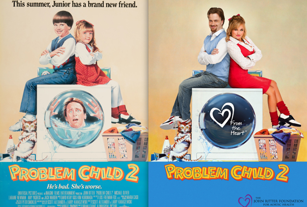 Michael Oliver and Ivyann Schwan Re-create the Iconic Movie Poster from Problem Child 2 in Honor of The John Ritter Foundation for Aortic Health